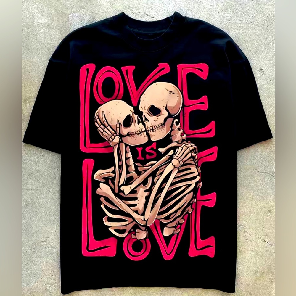 Skeleton Love Black Pink  Cotton T-shirt Men’s Size M Unisex Gothic Halloween